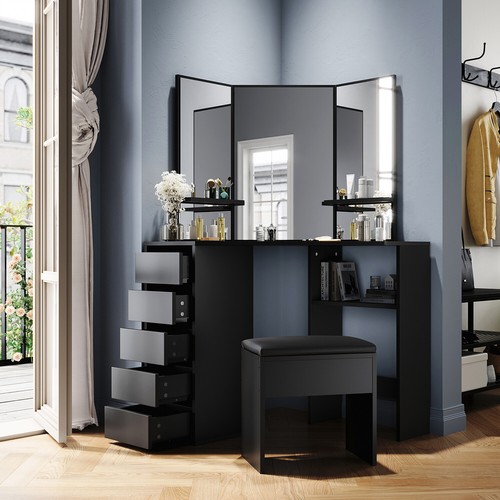 Black Dressing Table Makeup Desk with Mirror 5 Drawers Stool Bedroom Vanity Set