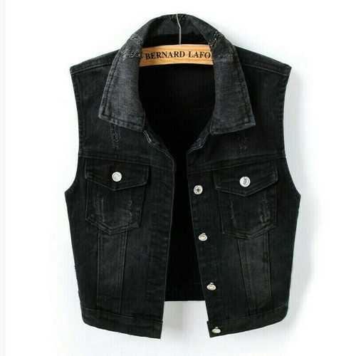 Womens Denim Waistcoat Biker Crop 