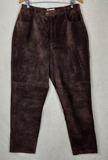 Vintage 90s Bagatelle Suede Trousers Womens 14W Brown Pockets Tapered Leather