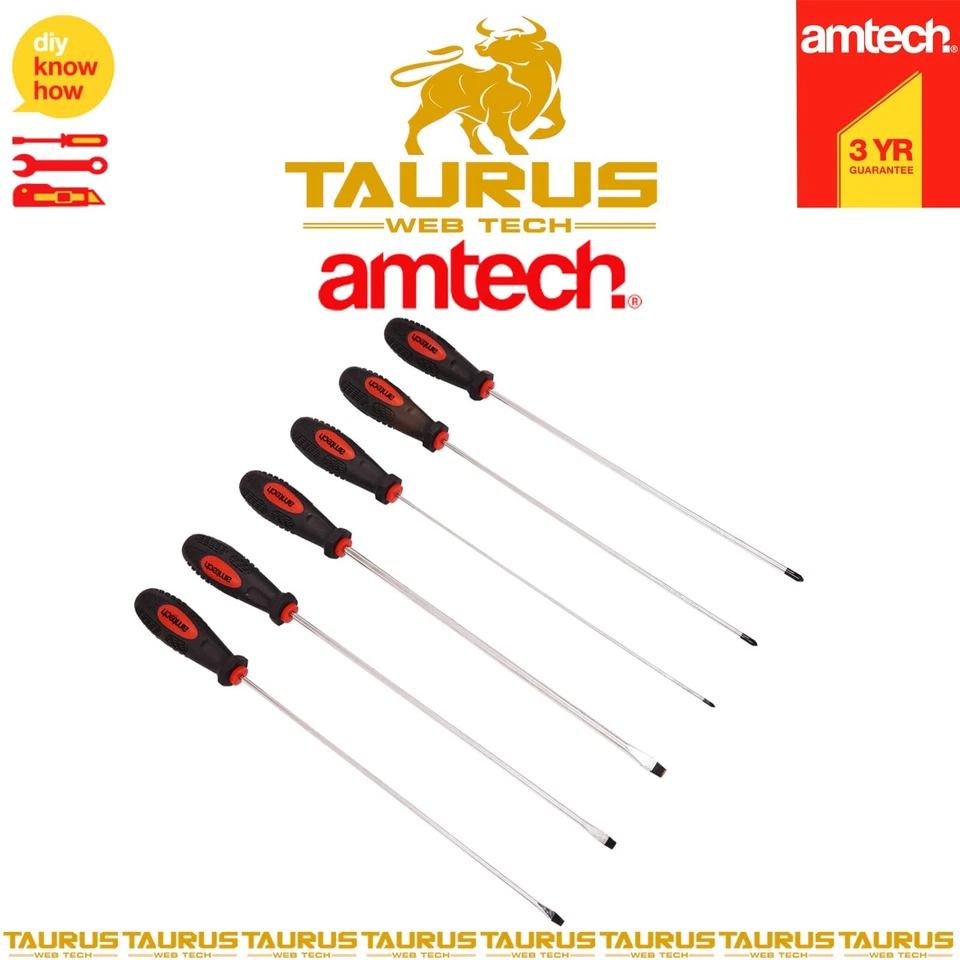 6x AMTECH Long Reach Screwdriver Set Phillips Slotted DIY Workshop Hand Tools UK - Image 2 of 4