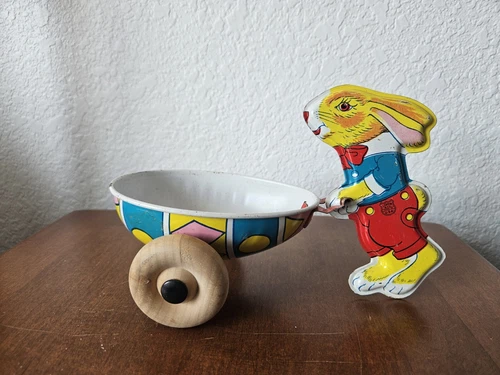 Vintage J. Chein & Co. Tin Litho Easter Bunny Pushing Egg Shaped Cart