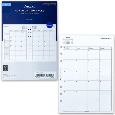 2025 Filofax A5 Size Refill 25-68510, Month on Two Pages, 148mm x 210mm