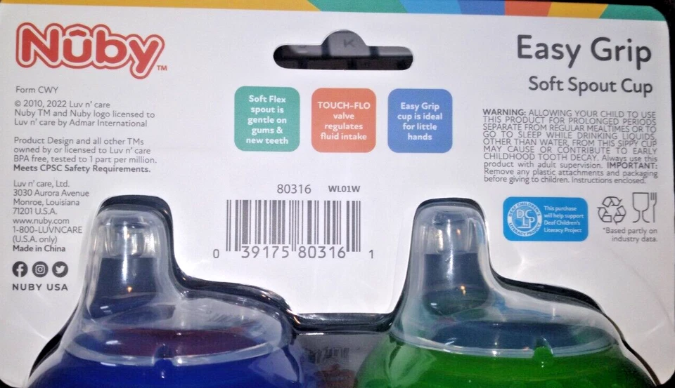NUBY EASY GRIP COPOS DE BICO MACIO 10 OZ BPA LIVRE 6+ MESES À PROVA DE MORDIDA SEM DERRAMAMENTO 2 PC - Imagem 3 de 4