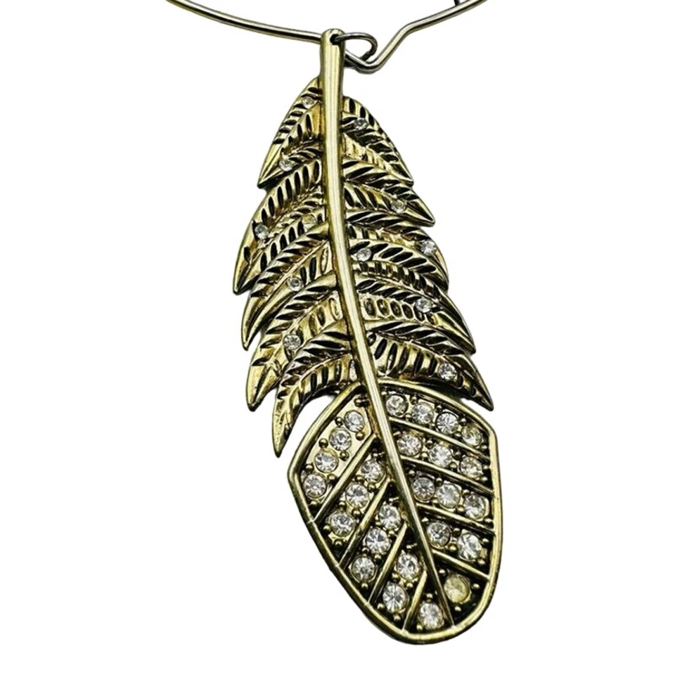 Betsey Johnson Indian Summer LgPave Feather Choker Torque Gold Tone Necklace - Image 2 of 4