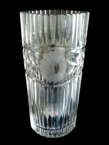 Signed Dresden Clear Crystal Vase Flowers Cut 9-3/4" H - Picture 1 of 11