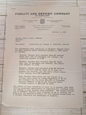 1938 Fidelity And Deposit Company Letter Bank Bonds Rate Reductions Philadelphia