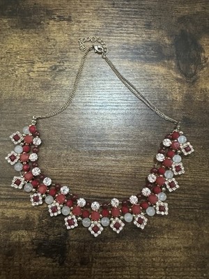 Express Gold Tone White Red Pink Beaded Jeweled Statement Choker Necklace