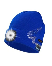 tooth Beanie with Light, Musical Knit Hat with Headphones and One Size Blue