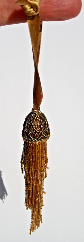 VTG/ANTIQUE Handmade Gold Glass Bead Tiered Tassel Ornament - Beaded Metal Cap