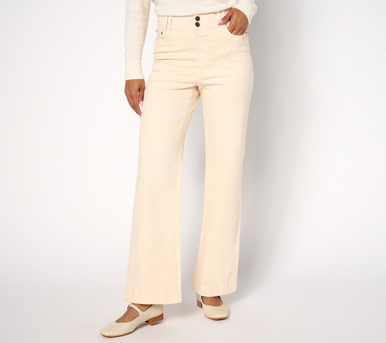 Denim & Co. Women's Pants Sz 10 Color Easy Double-Button Wide-Leg White A671661