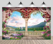 7Ftx5Ft Vintage Balcony Backdrop Secret Garden Arab Arch Flowers Waterfall Mount