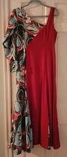 Vtg 70  s Dress Long Red Half Blue Black Floral Panels 1 Sleeve Studio 54 FAB 