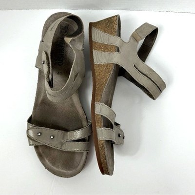 MEPHISTO Sandals Minoa Camel Leather Gray Metallic Comfort Wedge Sandals Size 10