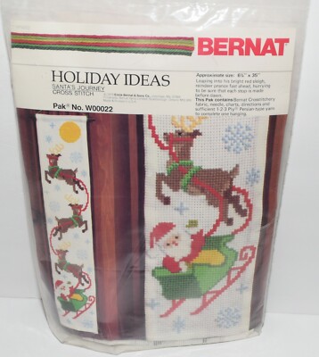 Sealed Vintage Bernat Counted Cross Stitch Kit W00022 Holiday Santas Journey