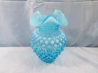 Fenton Blue Opalescent Glass Hobnail Vase w/ Tri 3 Lobe Top 5 1/2" Tall INV3