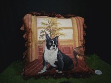 Decorative Pillow Boston Terrier Bulldog Needlepoint Tapestry Vintage Decor
