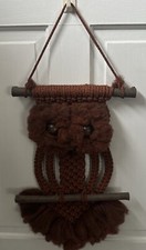 Burnt Orange Macrame Owl Wall Hanging Vintage 1970s Wooden Eyes Mid Century MCM