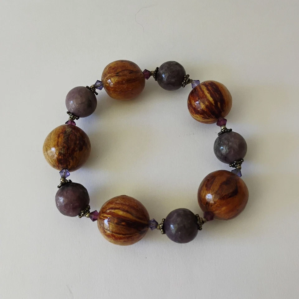 Chunky Wood Bead and Purple Quartz Stone Bead Stretch Bracelet - Image 4 of 4