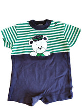Healthtex 1 Pc Romper Short Slv Navy  Grn Wht Stripe Bear Motif Sz 12M 13135