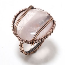 Rose Quartz Gemnstone Ring Handmade Unique Wire Wrap Copper Jewelry 8.50" M574