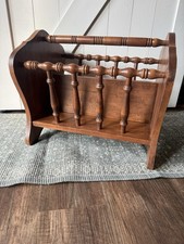 Vintage Mid Century Brown Solid Wood Spindle Newspaper Magazine Holder Rack