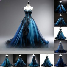 Blue Black Lace Edge Applique Strapless BallGown Full Length EveningDress Formal
