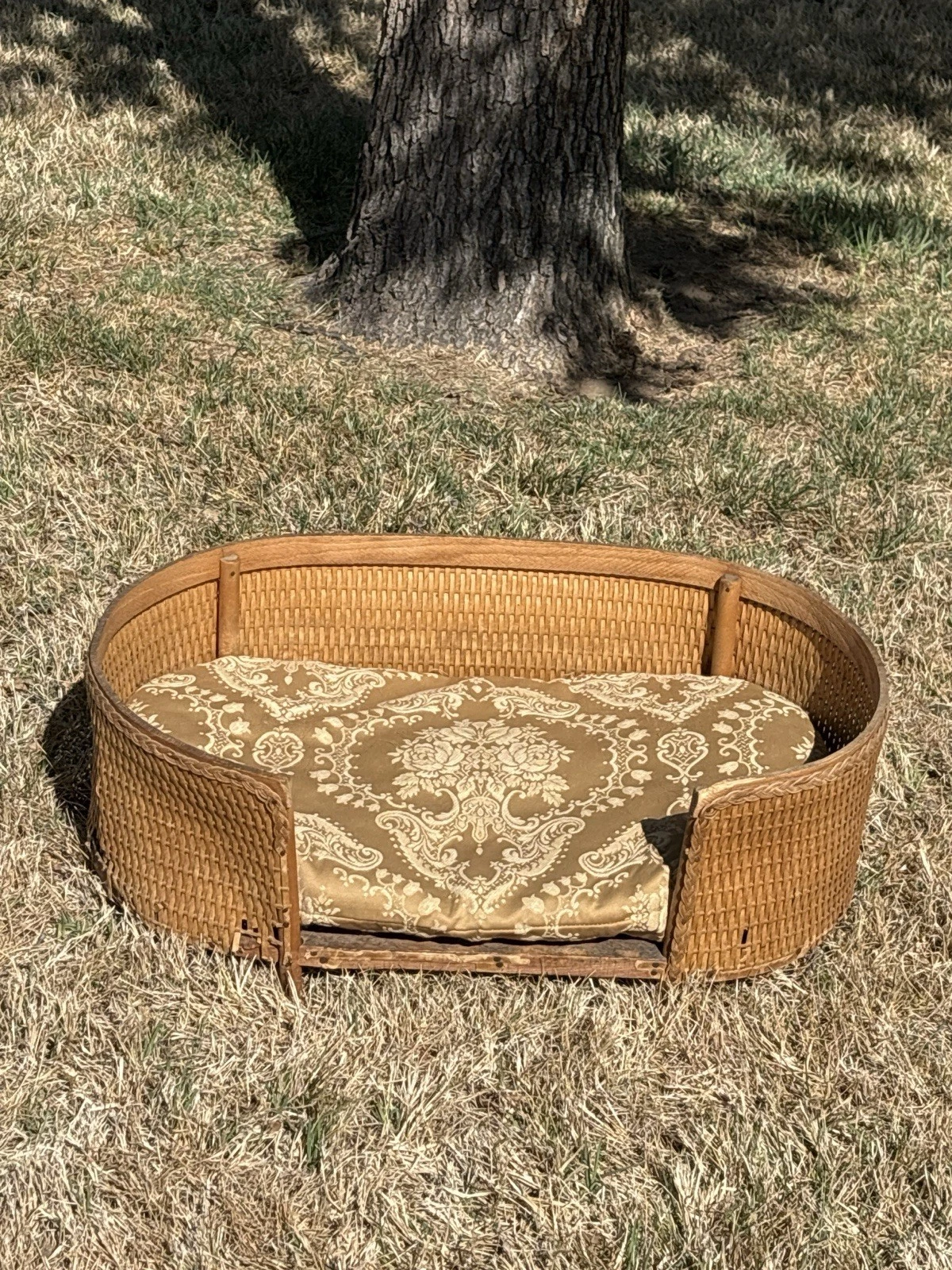 Vintage Wicker Dog Bed Handmade Rattan Pet Bed Boho Oval Cushion