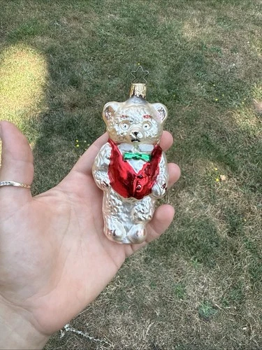 Vintage West Germany Mercury Glass Bear In Red Vest Tree Ornament Christmas 5”