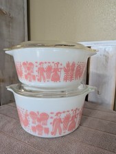 Pyrex Pink Butterprint 472 and 473 Casserole Dishes w/Lids