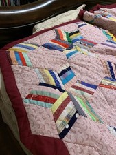 Handmade Quilt multi colored stars 9x13" Solid Burgundy on back and border 98x98