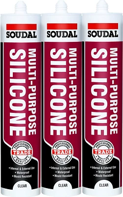 Soudal Multi Purpose Silicone Sealant Waterproof Mould Resistant Clear 270ml x 3