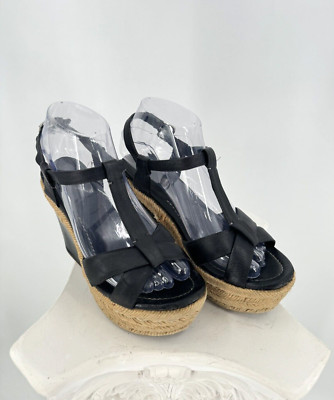 Mui Mui Black Leather Platform Wedge Espadrille Sandals Sz 36.5 US 6