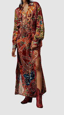 $398 Carolina K Women's Red Collared Long Sleeve Self-Tie Maxi Dress Size M