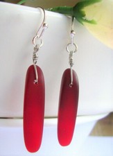 Long Frosted Red Sea Glass, Silver French Hook Earrings