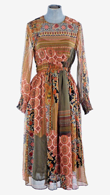 Zara Kleid Midi Patchwork Fit Flare Bohemian Gypsy Langarm geraffte Taille XS