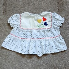 VTG CRADLE TOGS BABY DRESS WHITE BLUE POLKA DOTS RED YELLOW HEARTS LACE