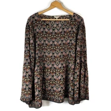 Max Studio Womens Tunic Top Size 3X Black Floral Semi Sheer Pleated Bell Sleeve