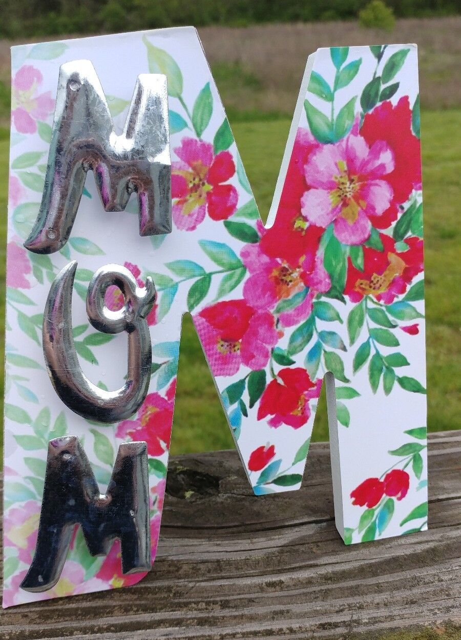 M MOM Freestanding Floral Plaque French Country Chic Decor Wooden & Metal
