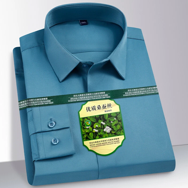 Camisas de vestir para hombre mangas largas formales negocios sin hierro mezcla de seda camisas informales Foto 3 de 4