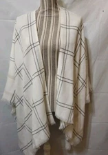 Ivanka Trump Womens White Plaid Poncho One Size Soft Fabric Blend Fringe Soft