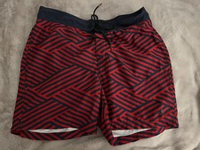 Nautica Mens Swim Trunks Size L Maroon Blue Geometric Stripe Lined