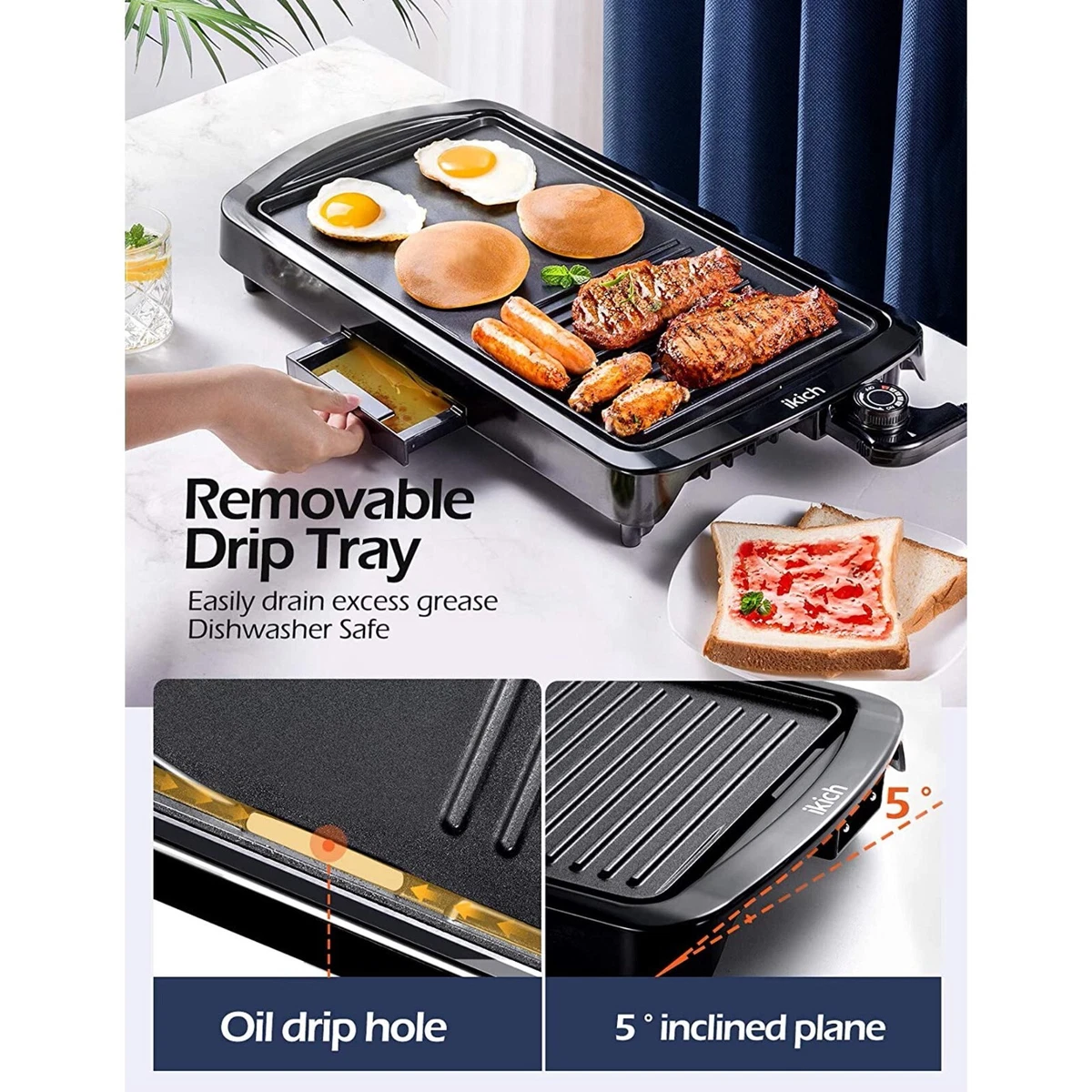 Electric Griddle with Removable Handles BBQ Grill Pan Indoor