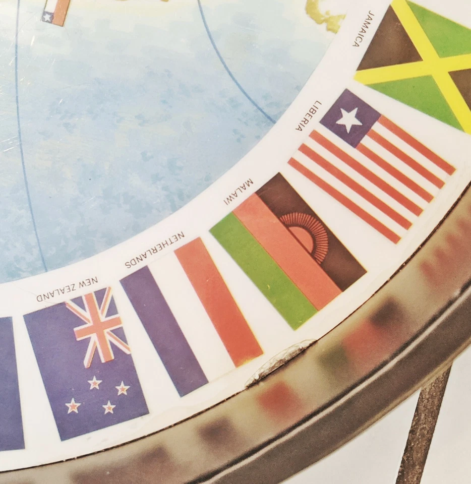 Kraftware 12.5" Vintage Round Serving Tray Black Faux Leather World Map Flags - Image 2 of 4