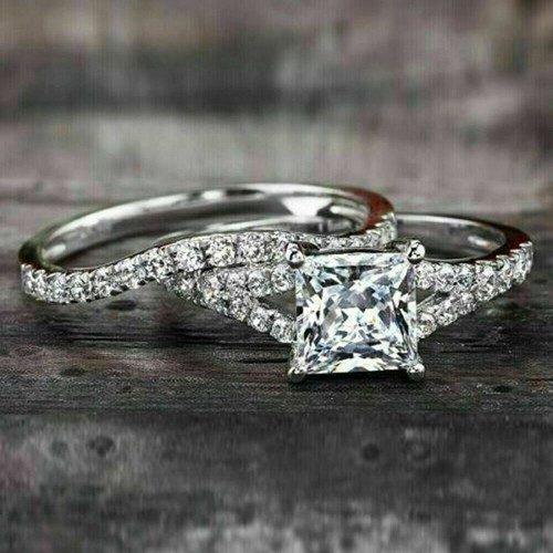 2Ct Lab-Created Diamond Engagement Wedding Ring Bridal Set 14K White Gold Plated - Picture 3 of 6