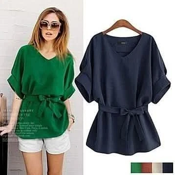 Linen-Blend Loose-Cut Casual Short Sleeve Top with Belt
Opens in a new window or tab