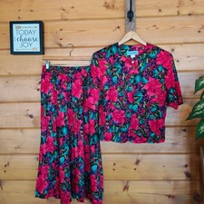Vintage 80s Norton McNaughton 2 PCS Skirt Blouse Set Floral Retro Stretch Sz 12