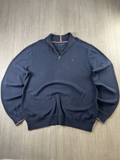 Tommy Hilfiger Mens 1/4 Zip Pullover Sweater Navy Blue Cotton Knitted Jumper XL