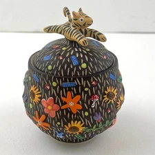 Senta Achée Studio Pottery Jar Tiger Sunflower Garden Artisan Handmade Fairy Art