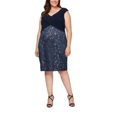 Alex Evenings Womens Plus 18W Navy Blue Lace Sheath Short Dress NWT CY81
