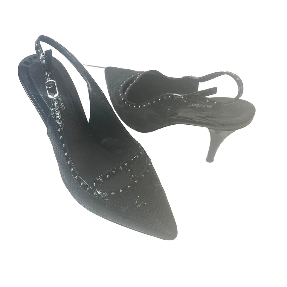 White House Black Market Womens 8M Black Leather Heel Slip On Sling Back Studded - Image 2 of 4